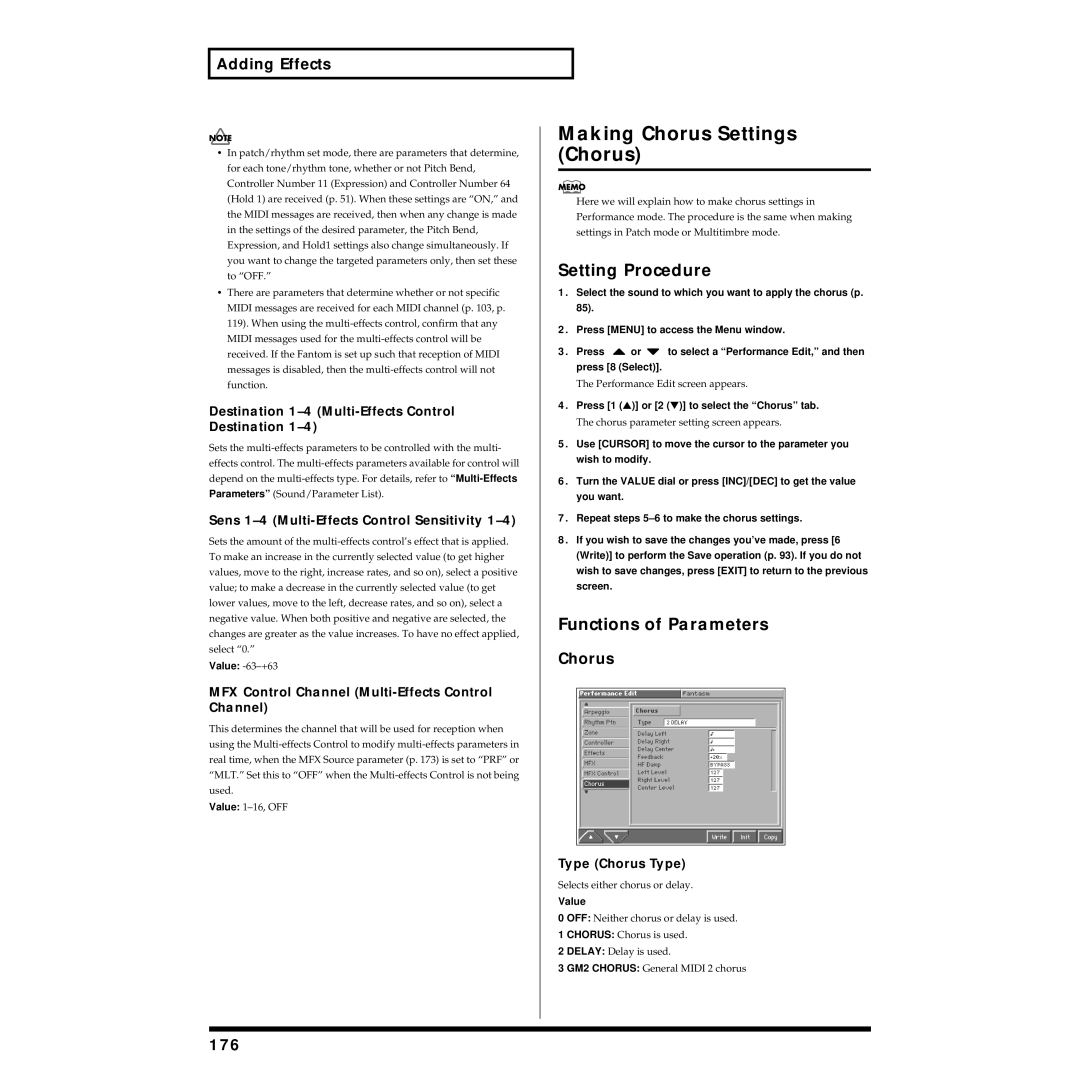 Roland Piano owner manual Making Chorus Settings Chorus, 176 