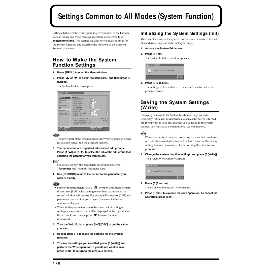 Roland Piano owner manual How to Make the System Function Settings, Saving the System Settings Write, 178 