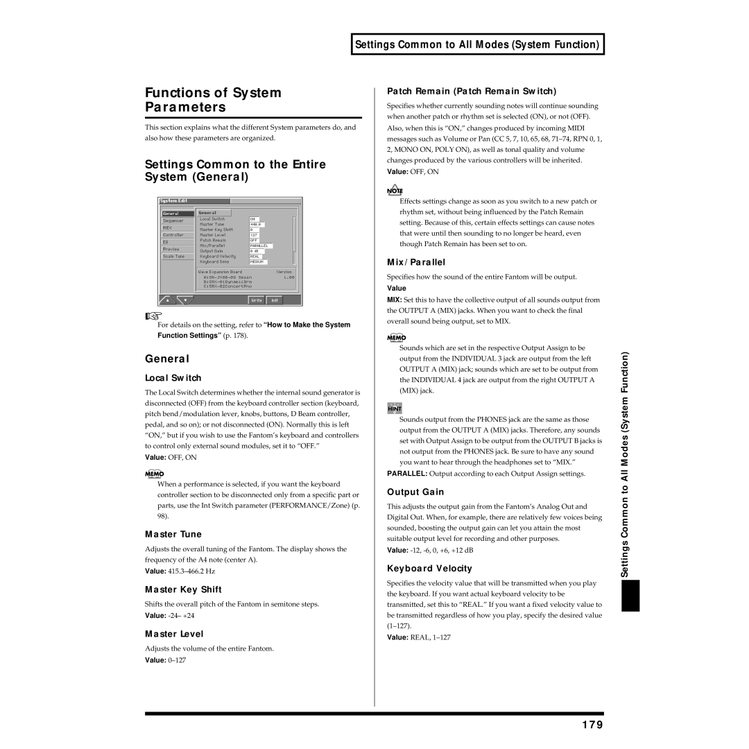 Roland Piano owner manual Functions of System Parameters, Settings Common to the Entire System General, 179 