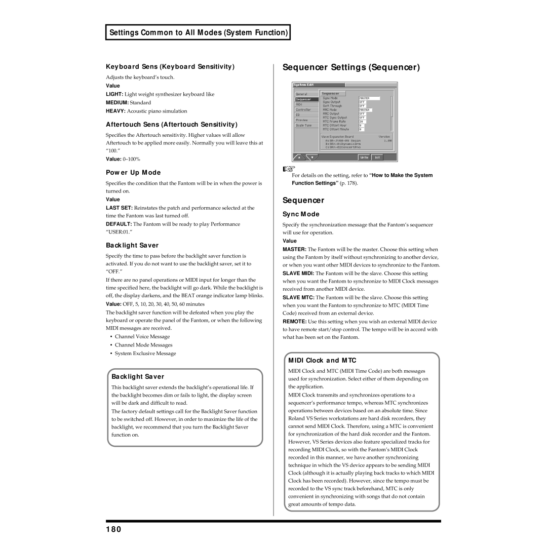 Roland Piano owner manual Sequencer Settings Sequencer, 180 