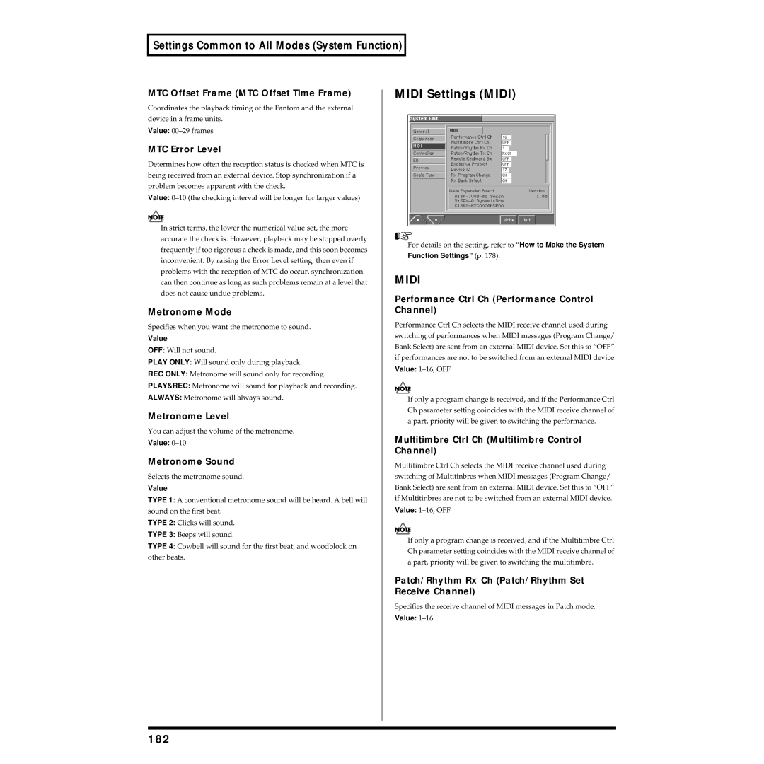 Roland Piano owner manual Midi Settings Midi, 182 