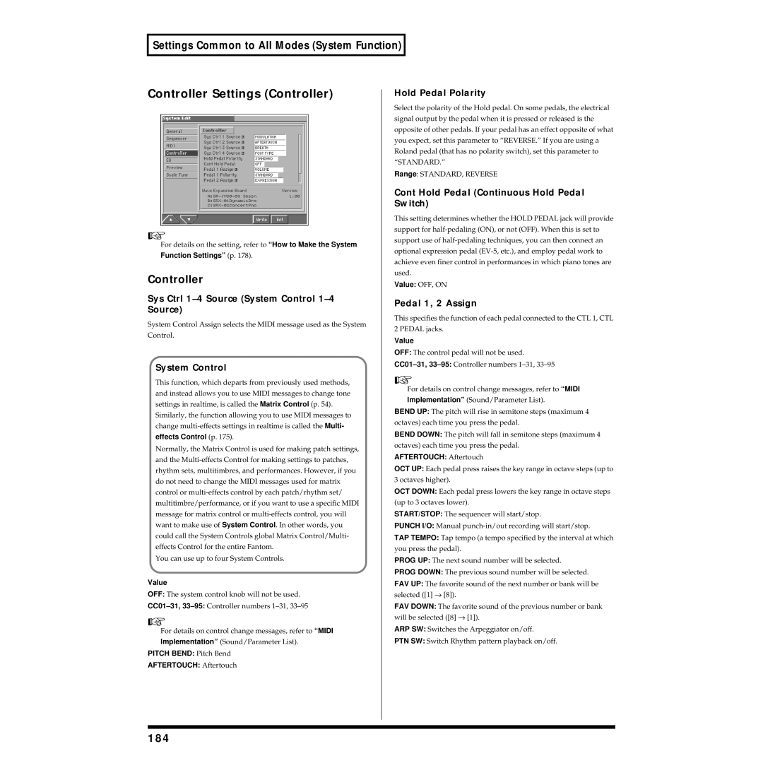 Roland Piano owner manual Controller Settings Controller, 184 