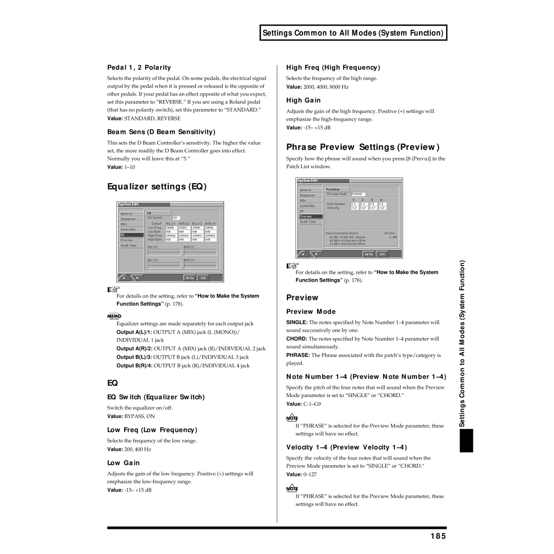 Roland Piano owner manual Equalizer settings EQ, Phrase Preview Settings Preview, 185 
