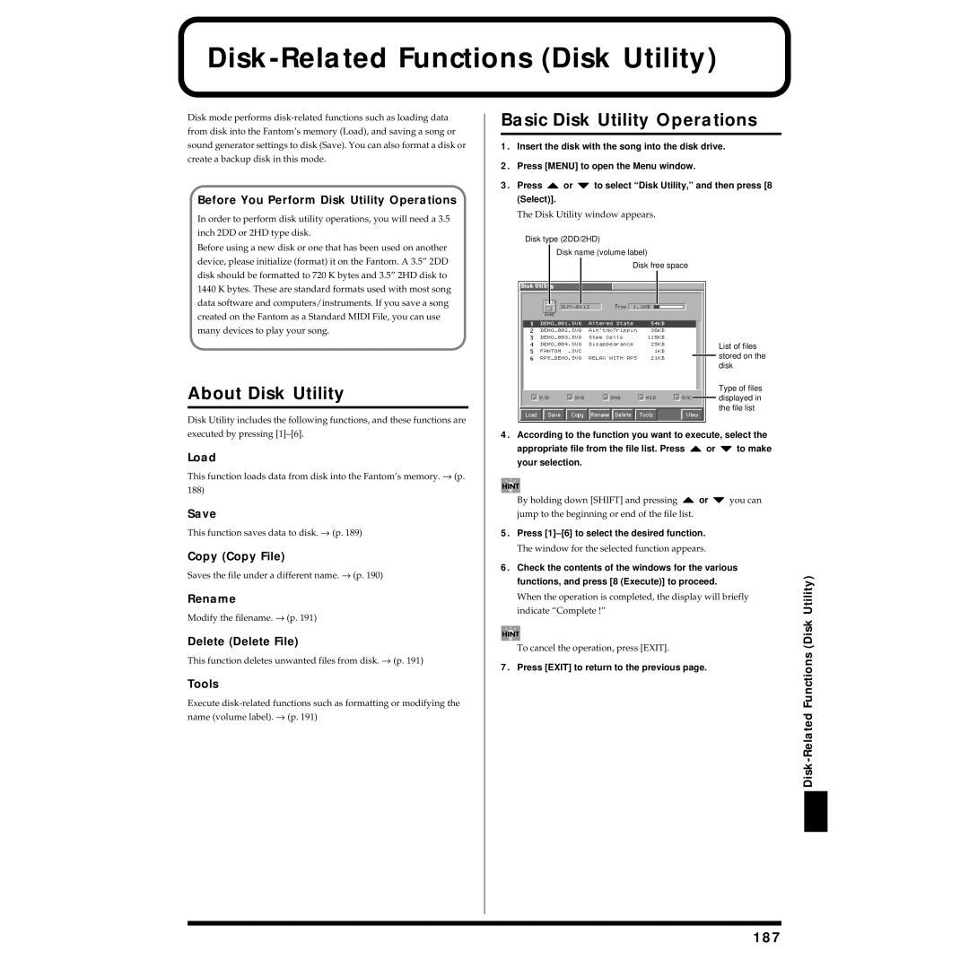 Roland Piano owner manual Disk-Related Functions Disk Utility, About Disk Utility, Basic Disk Utility Operations, 187 