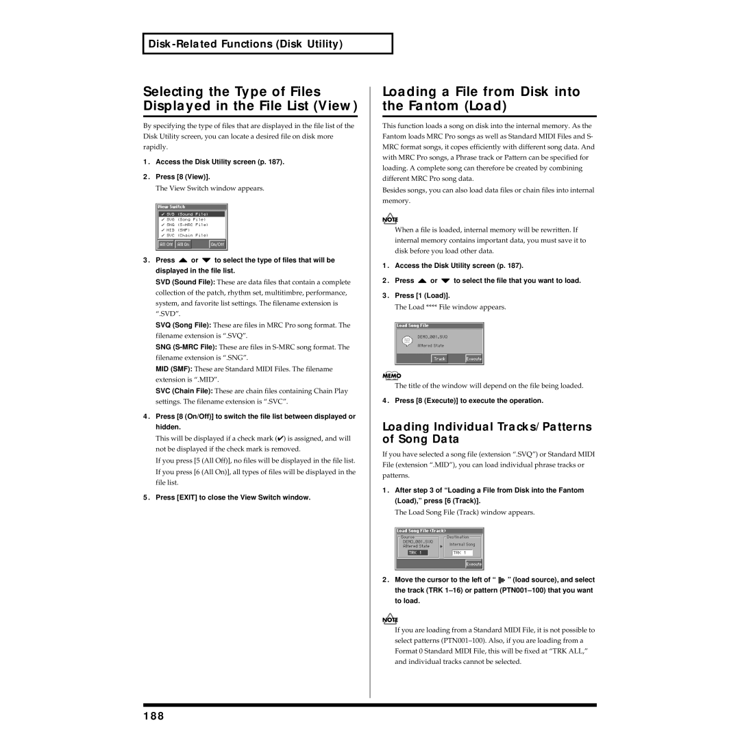 Roland Piano Selecting the Type of Files Displayed in the File List View, Loading a File from Disk into the Fantom Load 