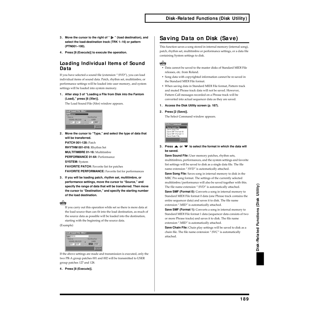 Roland Piano owner manual Saving Data on Disk Save, Loading Individual Items of Sound Data, 189 