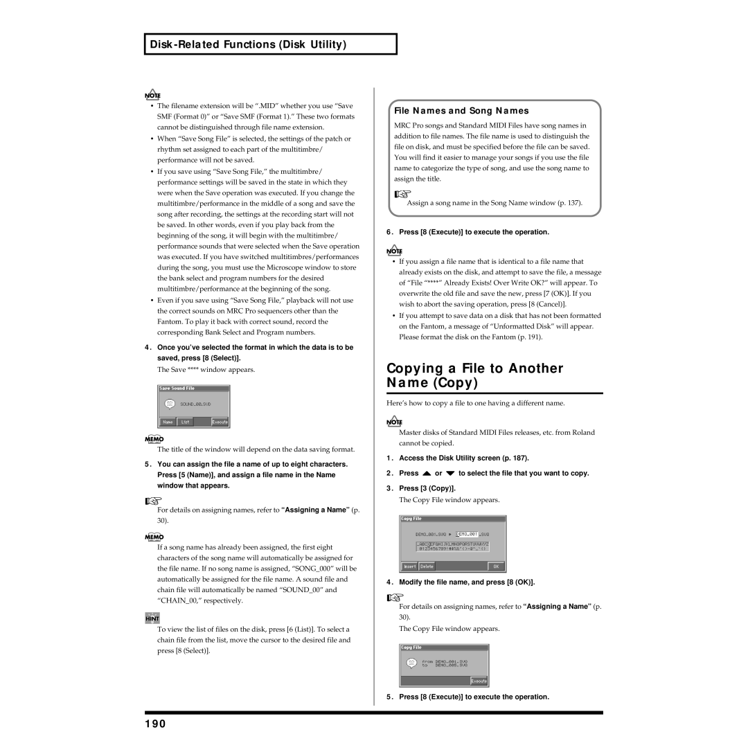 Roland Piano owner manual Copying a File to Another Name Copy, 190, File Names and Song Names, Copy File window appears 