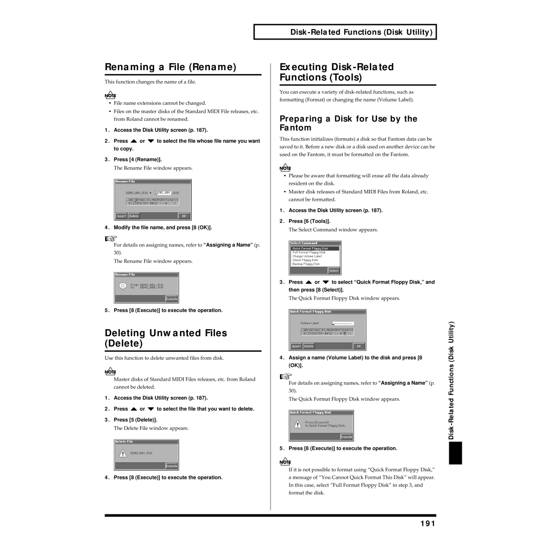 Roland Piano Renaming a File Rename, Deleting Unwanted Files Delete, Executing Disk-Related Functions Tools, 191 