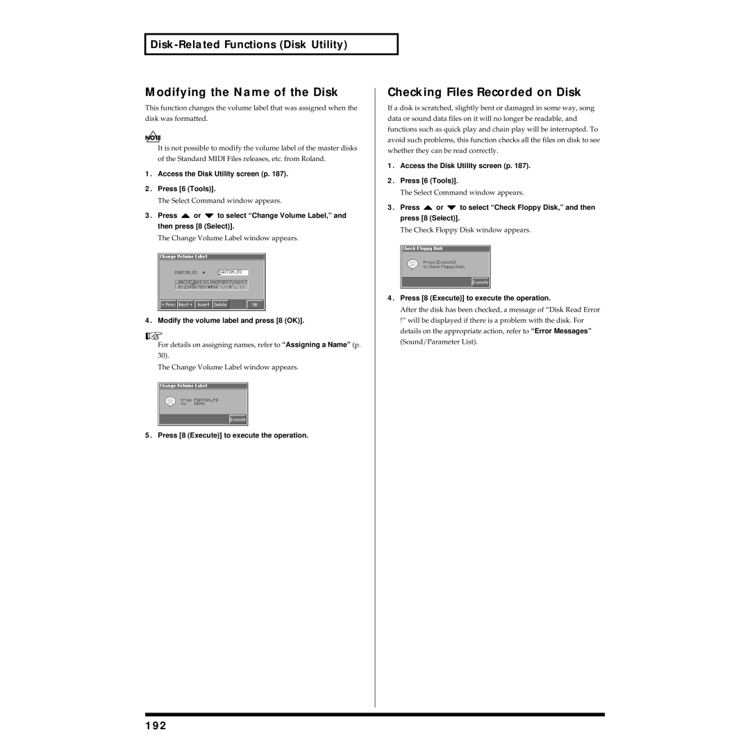 Roland Piano Modifying the Name of the Disk, Checking Files Recorded on Disk, 192, Modify the volume label and press 8 OK 