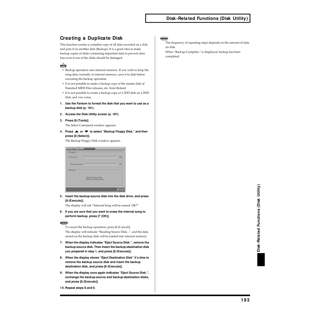 Roland Piano owner manual Creating a Duplicate Disk, 193, Backup Floppy Disk window appears 