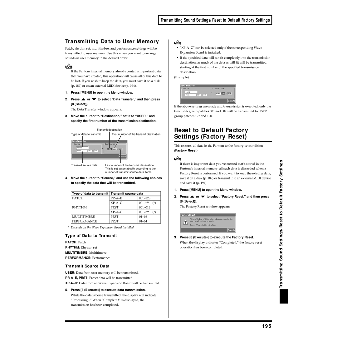 Roland Piano owner manual Reset to Default Factory Settings Factory Reset, Transmitting Data to User Memory, 195 