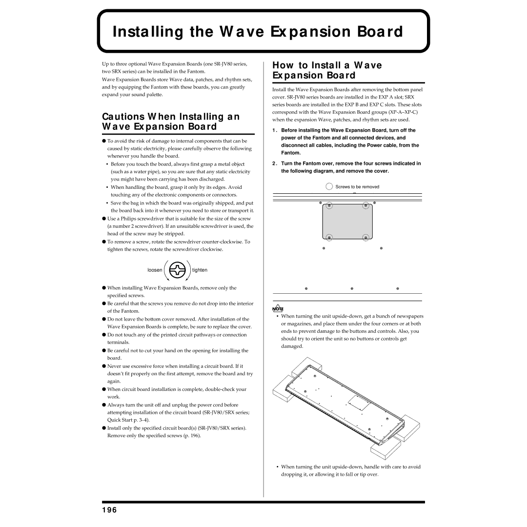 Roland Piano owner manual Installing the Wave Expansion Board, How to Install a Wave Expansion Board, 196 