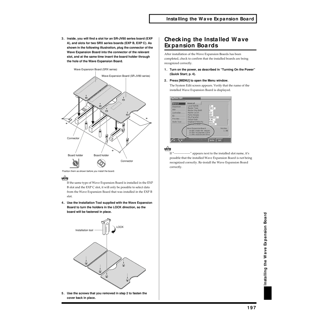 Roland Piano owner manual Checking the Installed Wave Expansion Boards, 197, Installing the Wave Expansion Board 