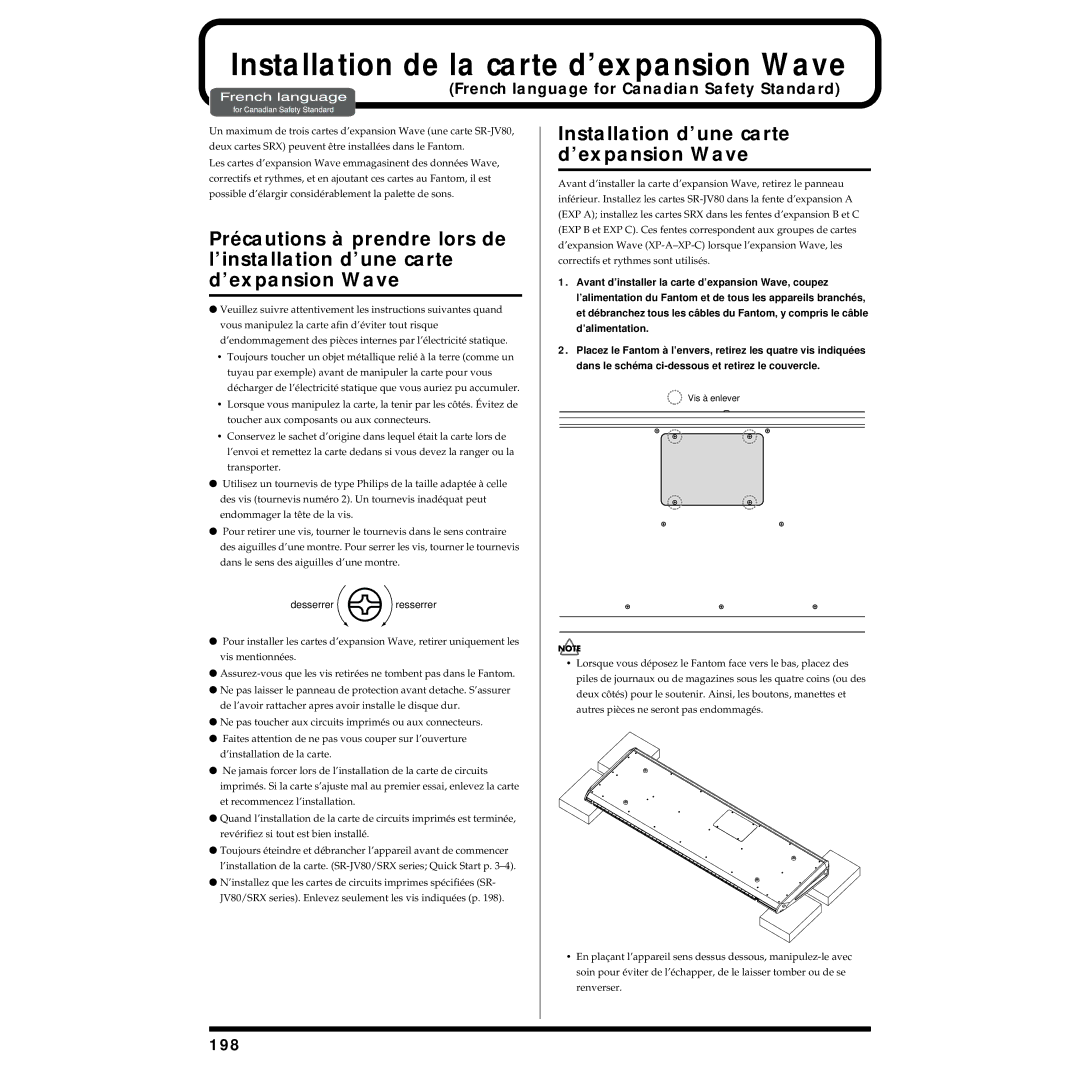 Roland Piano owner manual Installation de la carte d’expansion Wave, Installation d’une carte d’expansion Wave, 198 