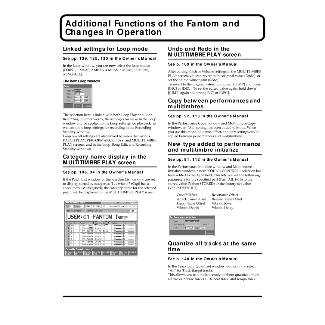 Roland Piano owner manual Additional Functions of the Fantom and Changes in Operation 