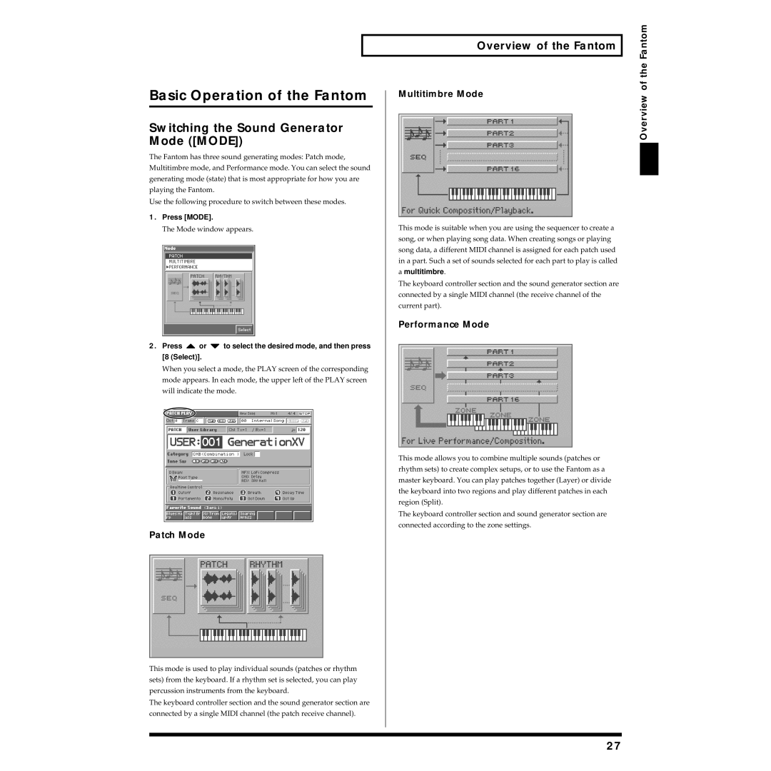 Roland Piano Basic Operation of the Fantom, Switching the Sound Generator Mode Mode, Patch Mode, Multitimbre Mode Overview 