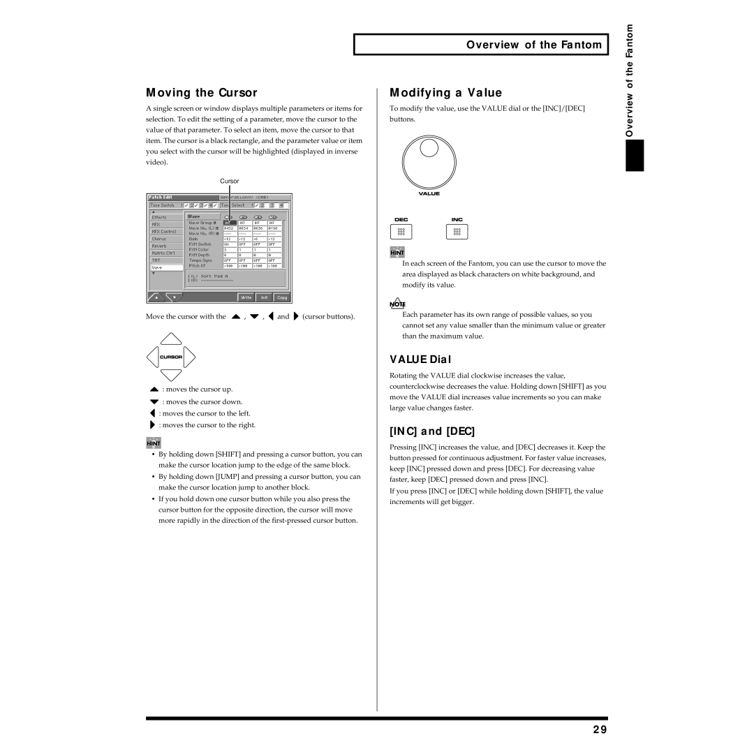 Roland Piano owner manual Moving the Cursor, Modifying a Value, Value Dial, INC and DEC 