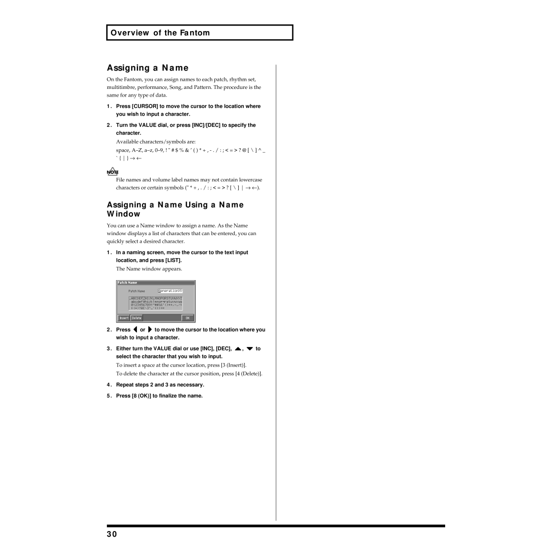 Roland Piano owner manual Assigning a Name Using a Name Window, Name window appears 