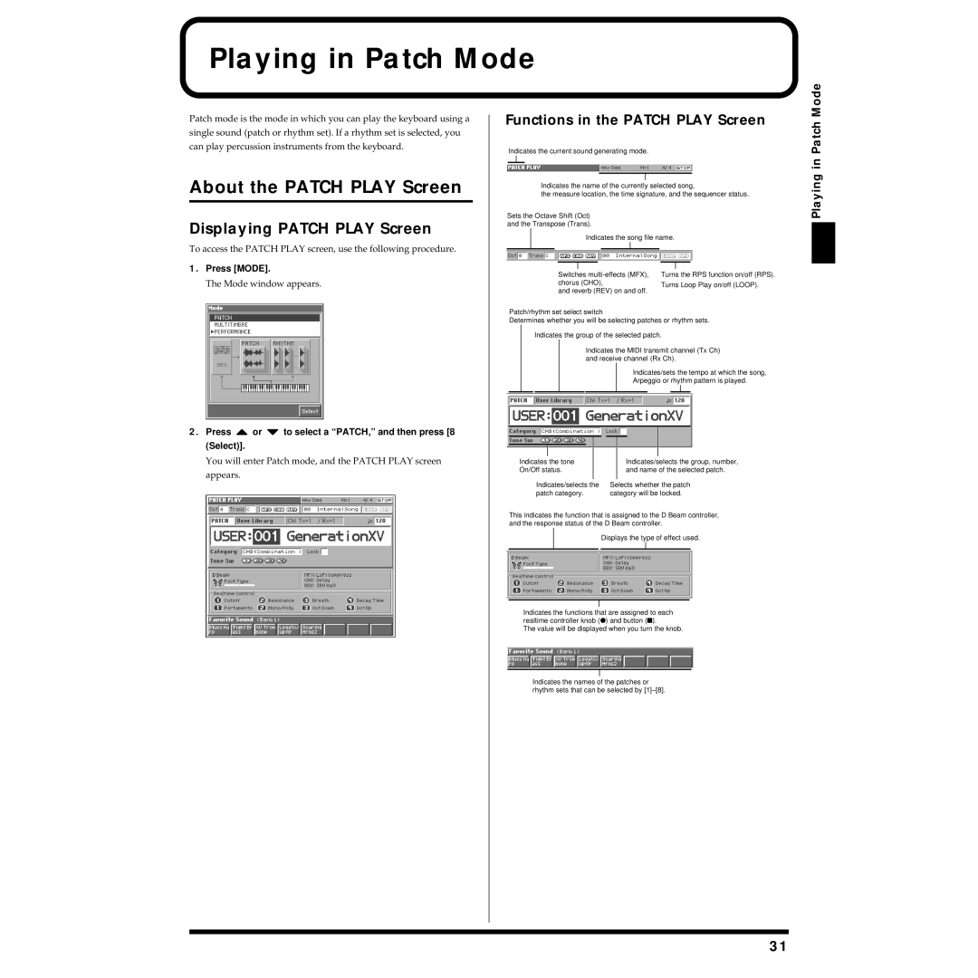 Roland Piano owner manual Playing in Patch Mode, About the Patch Play Screen, Displaying Patch Play Screen 