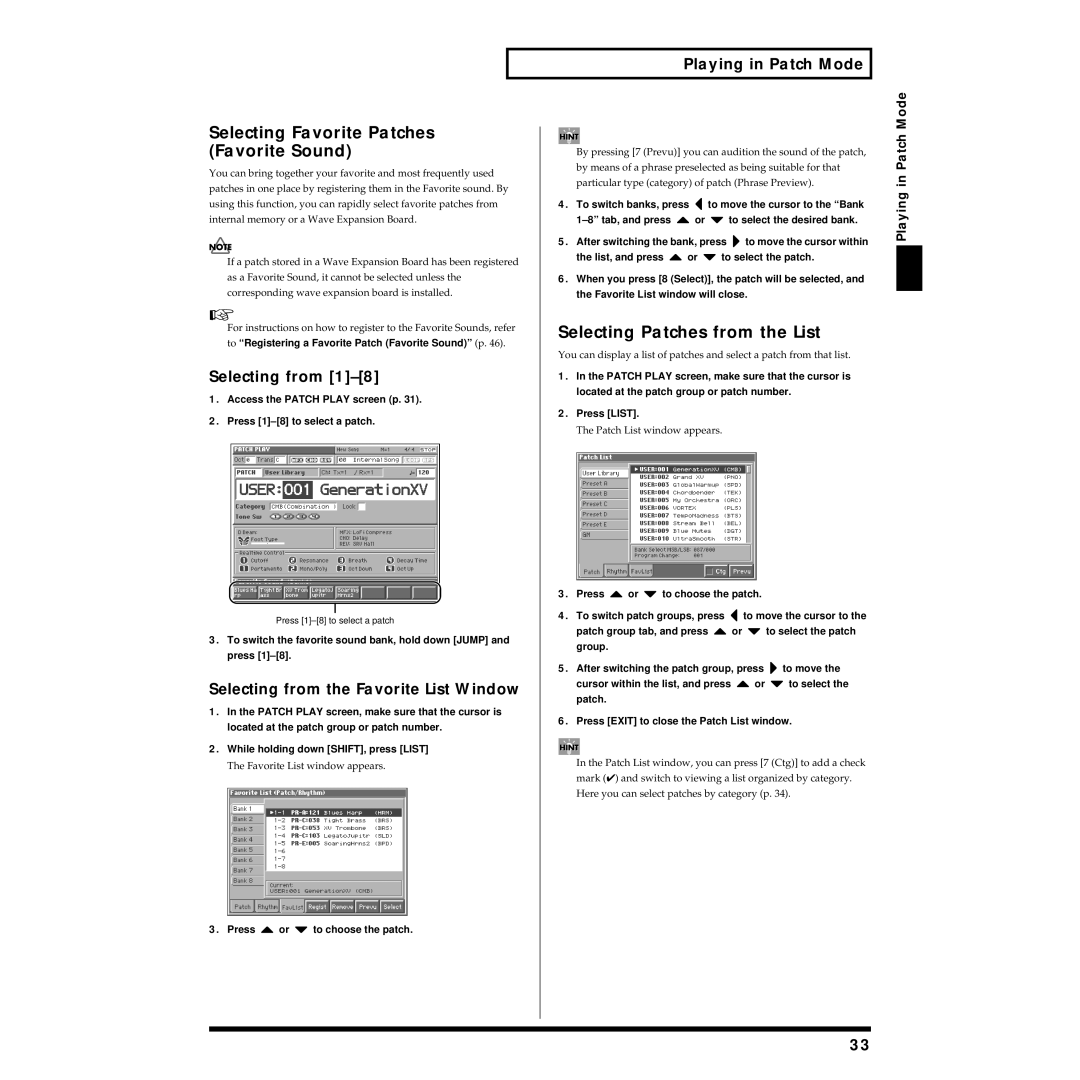 Roland Piano owner manual Selecting Favorite Patches Favorite Sound, Selecting Patches from the List, Selecting from 