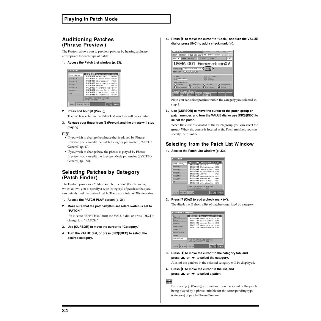 Roland Piano owner manual Auditioning Patches Phrase Preview, Selecting Patches by Category Patch Finder 