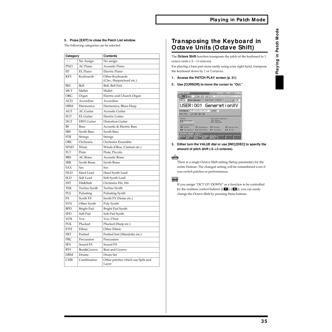 Roland Piano owner manual Transposing the Keyboard in Octave Units Octave Shift, Category Contents 