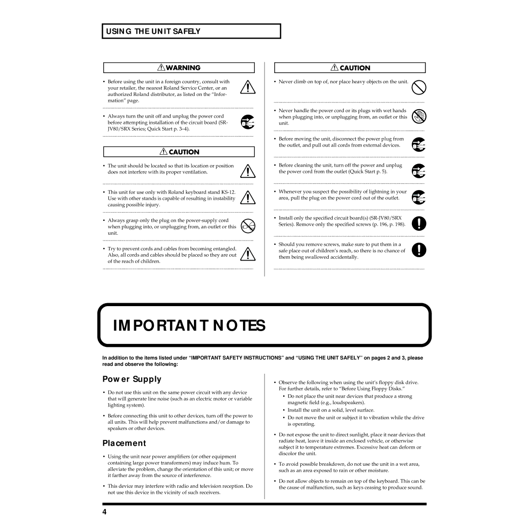 Roland Piano owner manual Power Supply, Placement 