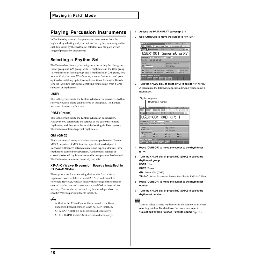 Roland Piano owner manual Playing Percussion Instruments, Selecting a Rhythm Set, Prst Preset 