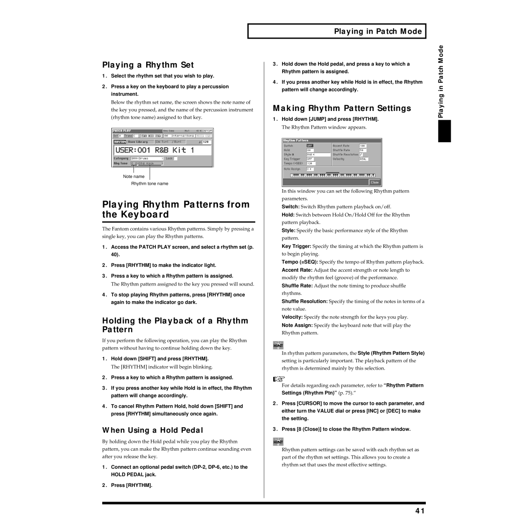 Roland Piano Playing Rhythm Patterns from the Keyboard, Playing a Rhythm Set, Holding the Playback of a Rhythm Pattern 