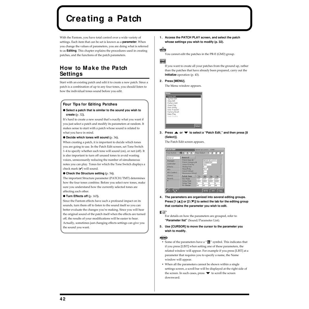 Roland Piano owner manual Creating a Patch, How to Make the Patch Settings, Four Tips for Editing Patches 