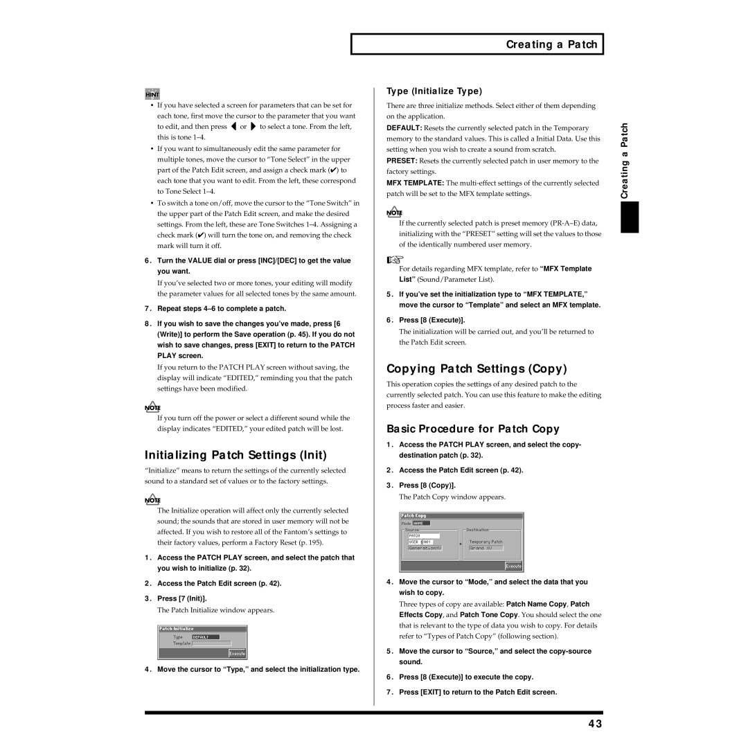 Roland Piano owner manual Initializing Patch Settings Init, Copying Patch Settings Copy, Basic Procedure for Patch Copy 