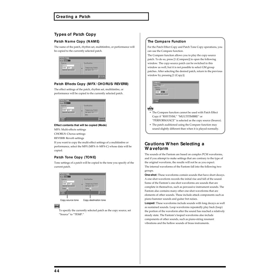 Roland Piano owner manual Waveform, Creating a Patch Types of Patch Copy 