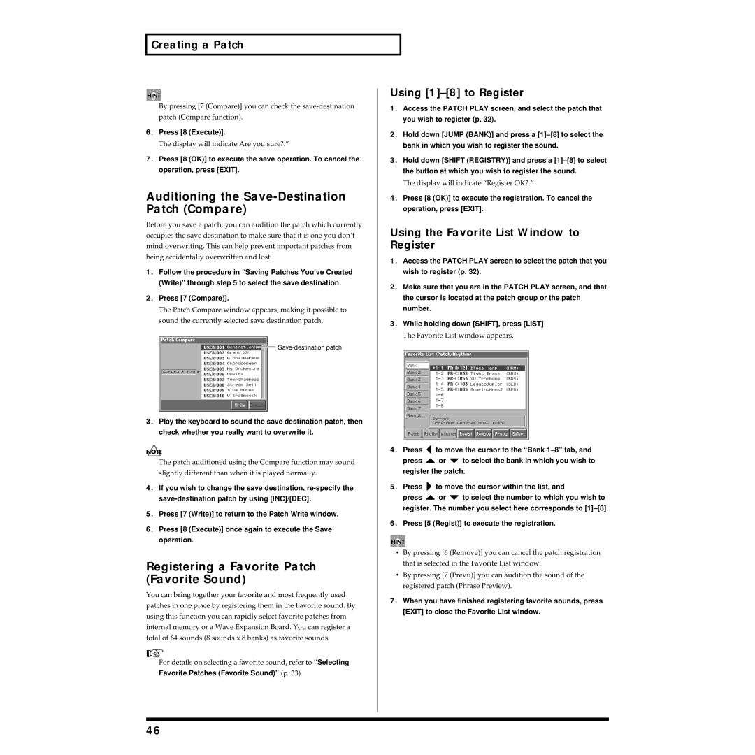 Roland Piano owner manual Auditioning the Save-Destination Patch Compare, Registering a Favorite Patch Favorite Sound 