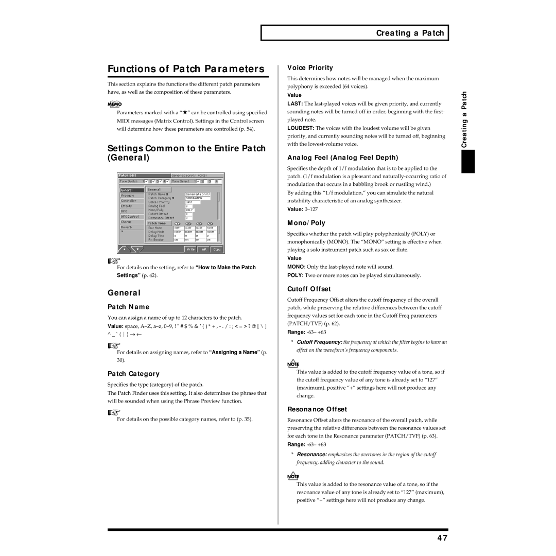 Roland Piano owner manual Functions of Patch Parameters, Settings Common to the Entire Patch General 