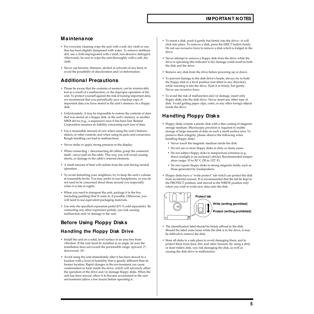 Roland Piano owner manual Maintenance, Additional Precautions, Before Using Floppy Disks, Handling Floppy Disks 