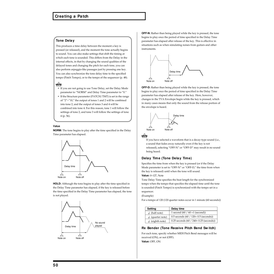 Roland Piano owner manual Delay Time Tone Delay Time, Rx Bender Tone Receive Pitch Bend Switch, Setting Delay time 