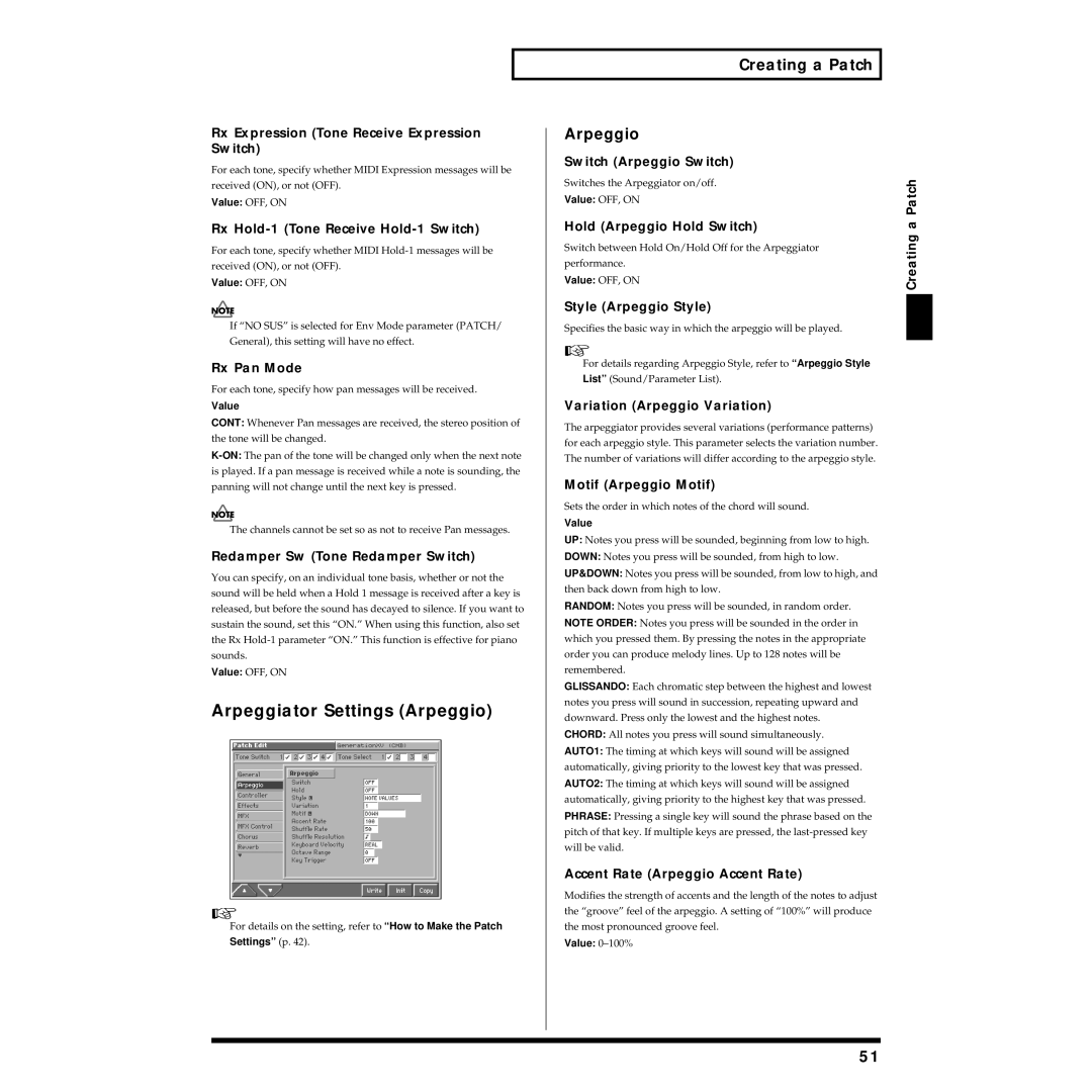 Roland Piano owner manual Arpeggiator Settings Arpeggio, Creating a Patch Arpeggio 