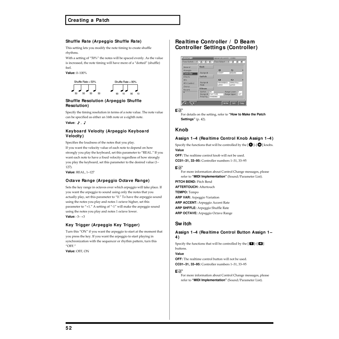 Roland Piano owner manual Realtime Controller / D Beam Controller Settings Controller, Knob, Switch 