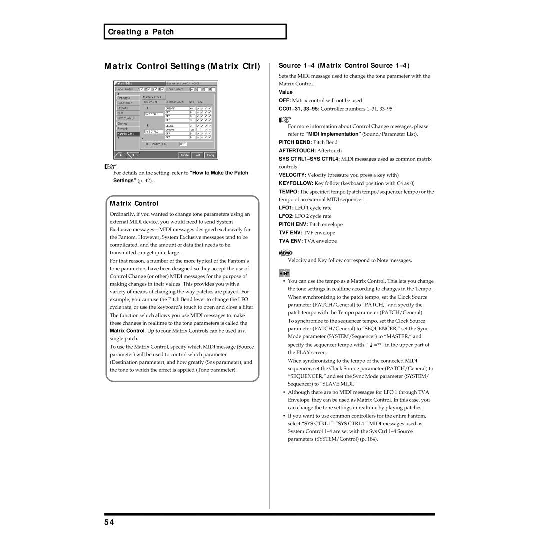 Roland Piano owner manual Matrix Control Settings Matrix Ctrl, Source 1-4 Matrix Control Source 