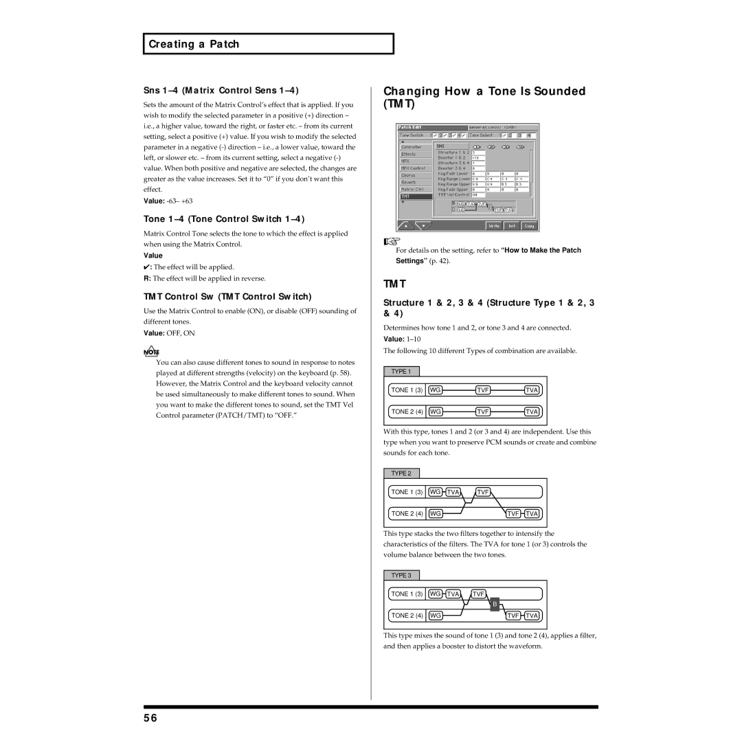 Roland Piano owner manual Changing How a Tone Is Sounded TMT, Sns 1-4 Matrix Control Sens, Tone 1-4 Tone Control Switch 