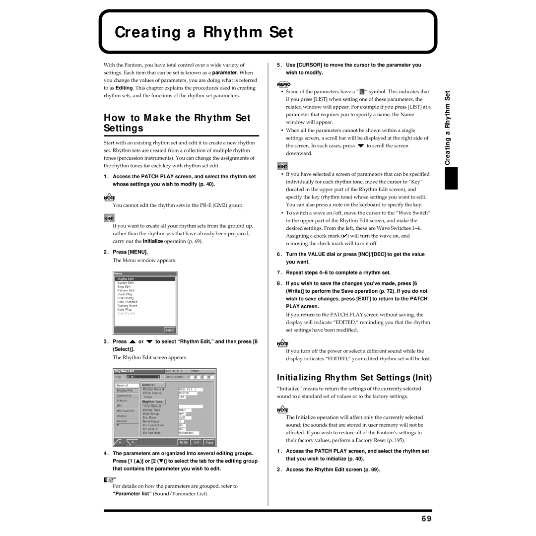 Roland Piano owner manual Creating a Rhythm Set, How to Make the Rhythm Set Settings, Initializing Rhythm Set Settings Init 