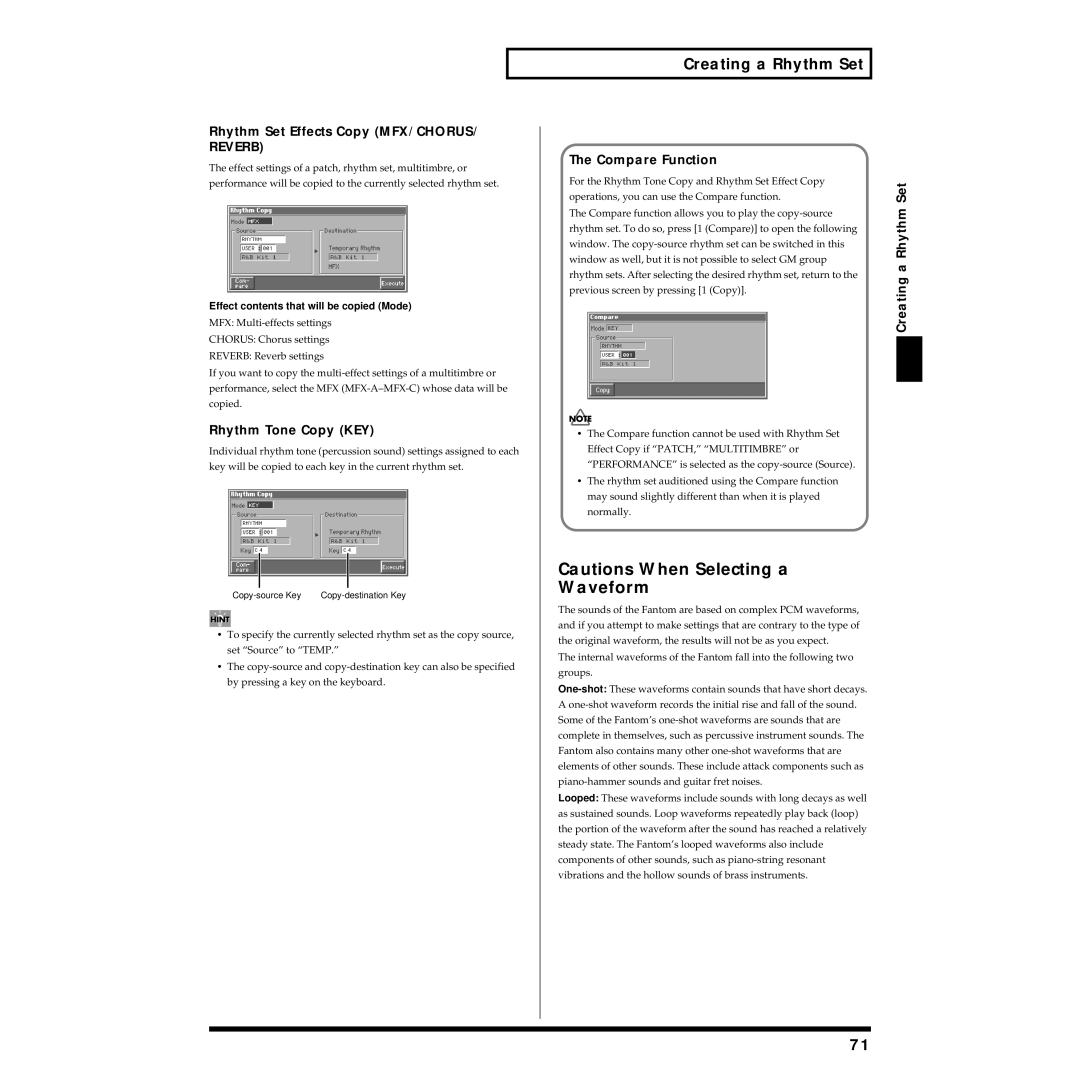 Roland Piano owner manual Rhythm Set Effects Copy MFX/CHORUS, Rhythm Tone Copy KEY 