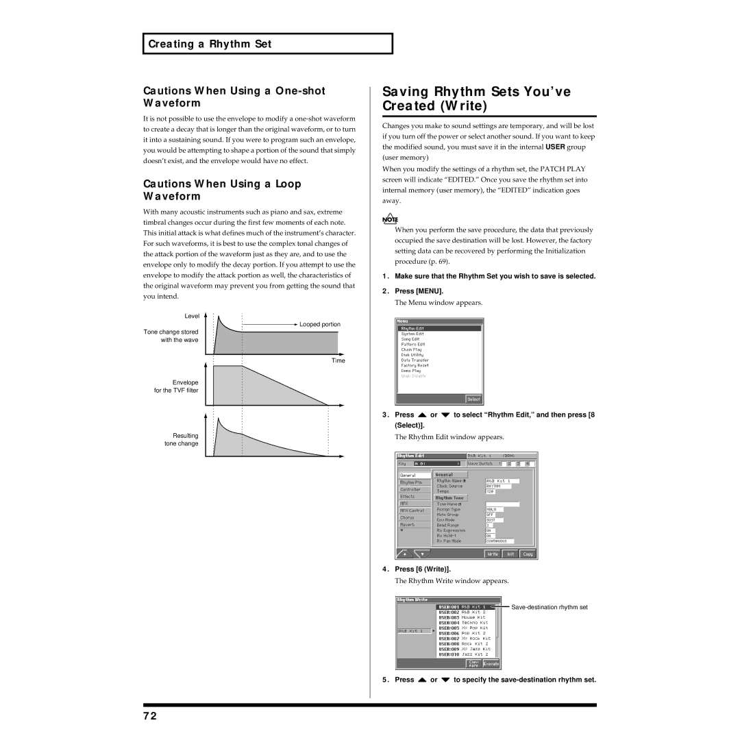 Roland Piano owner manual Saving Rhythm Sets You’ve Created Write, Rhythm Edit window appears, Rhythm Write window appears 