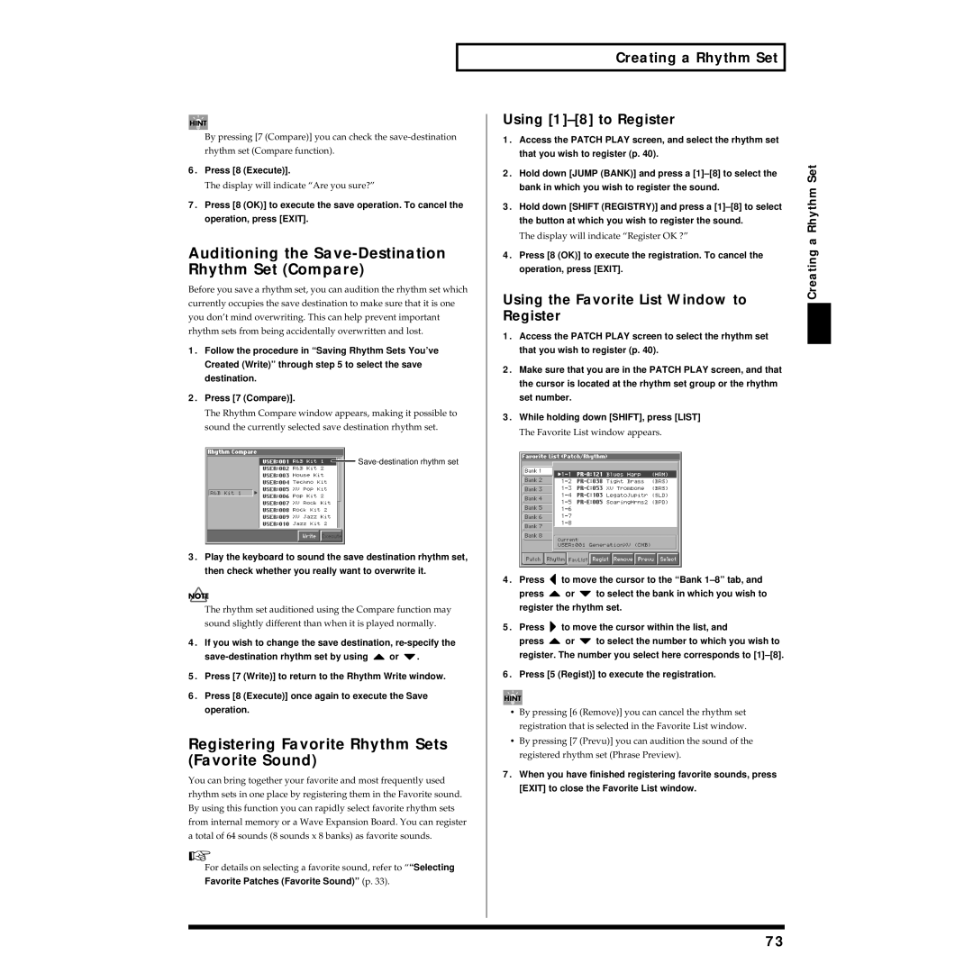 Roland Piano Auditioning the Save-Destination Rhythm Set Compare, Registering Favorite Rhythm Sets Favorite Sound 