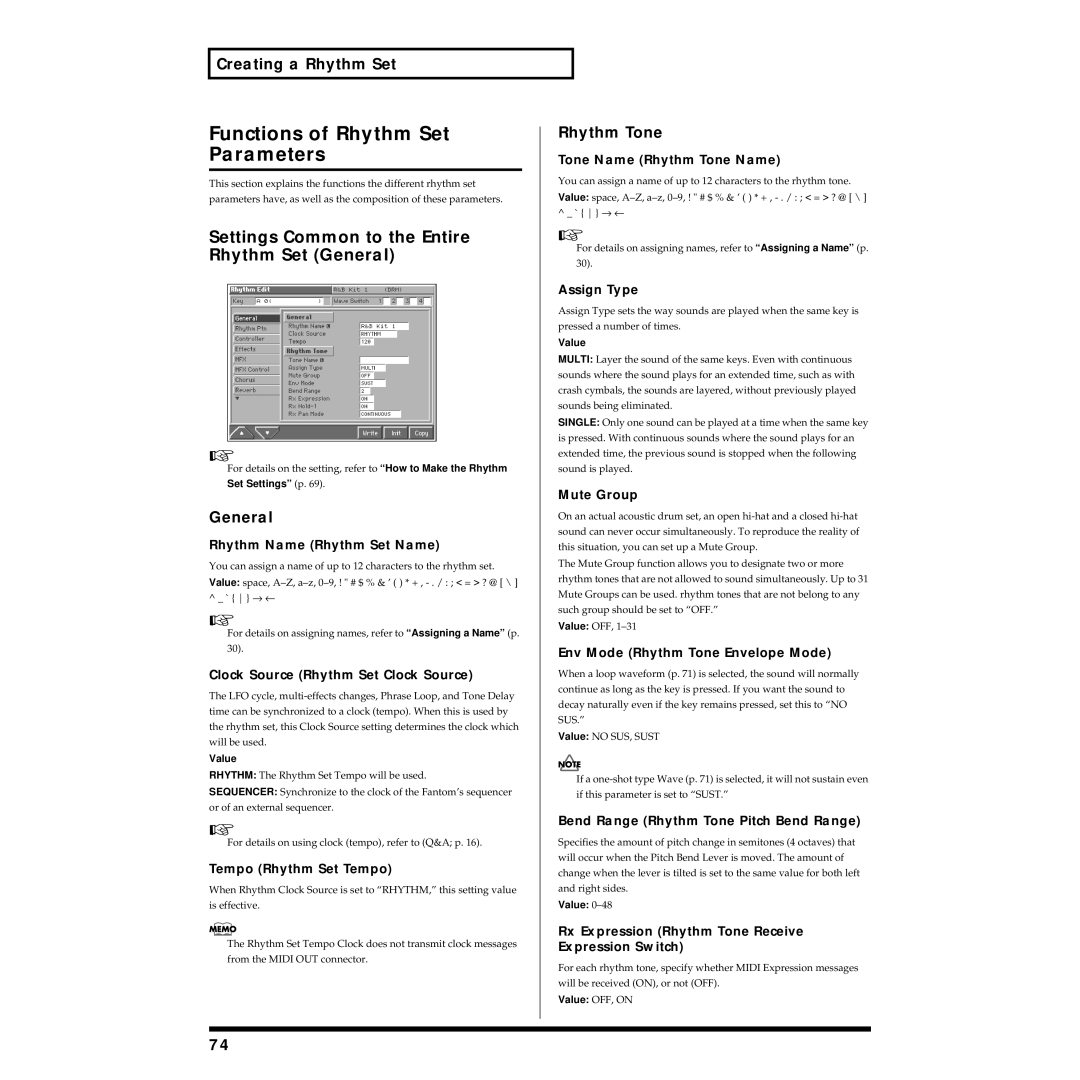 Roland Piano owner manual Functions of Rhythm Set Parameters, Settings Common to the Entire Rhythm Set General, Rhythm Tone 