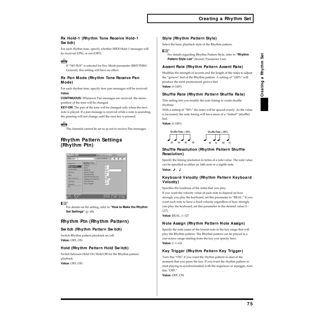 Roland Piano owner manual Rhythm Pattern Settings Rhythm Ptn, Rhythm Ptn Rhythm Pattern 