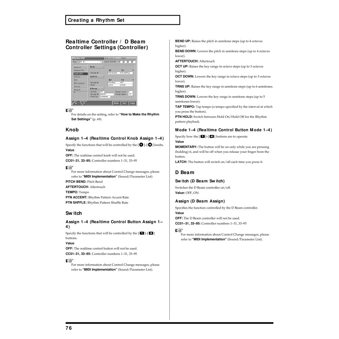 Roland Piano owner manual Realtime Controller / D Beam Controller Settings Controller 