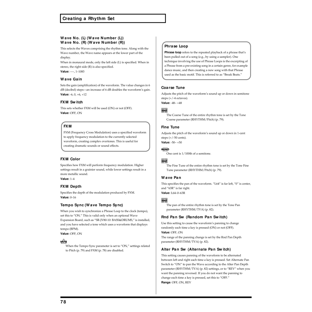 Roland Piano Wave Gain, Coarse Tune, Fine Tune, Wave Pan, Rnd Pan Sw Random Pan Switch, Alter Pan Sw Alternate Pan Switch 