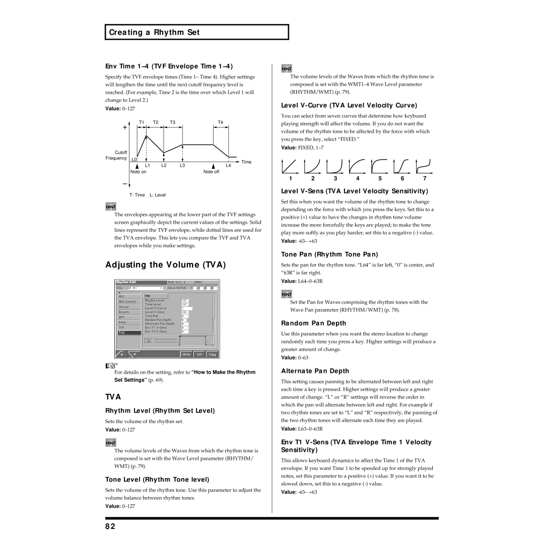 Roland Piano Rhythm Level Rhythm Set Level, Tone Level Rhythm Tone level, Tone Pan Rhythm Tone Pan, Random Pan Depth 