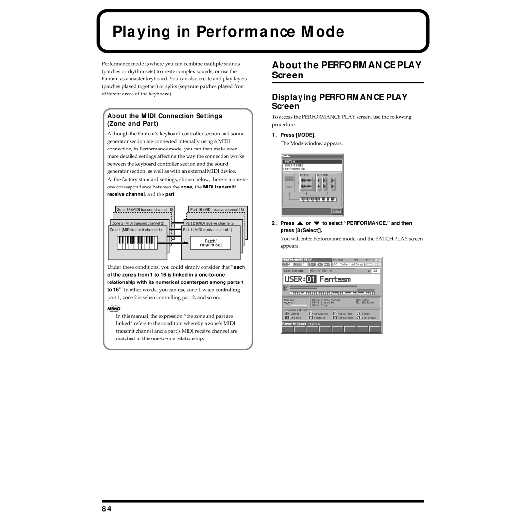 Roland Piano Playing in Performance Mode, About the Performance Play Screen, Displaying Performance Play Screen 